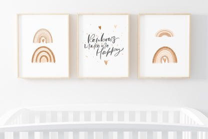 Set of 3 PRINTABLE Rainbow Wall Art, Rainbows make me happy Nursery Prints - Earthy Rainbow