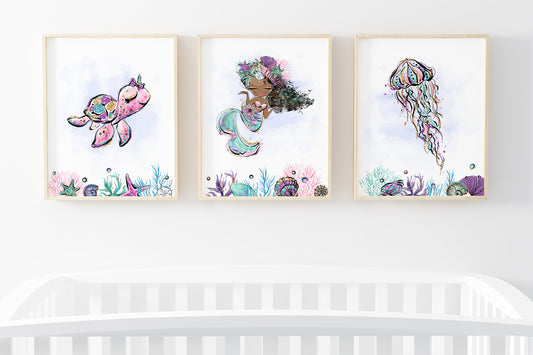 Mermaid Wall Art, Under The Sea Nursery Prints Set of 3 - Mermaid World