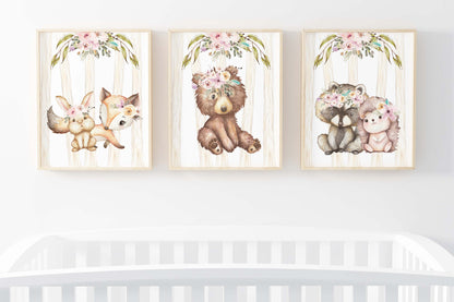 Girl Woodland Animals Wall Art, Forest Nursery Prints set - Forest Friends