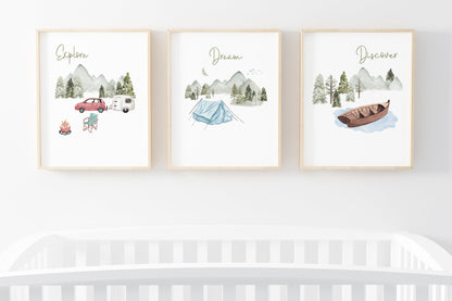 Explore Wall Art, Camping Nursery Prints set of 3