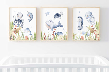 Under the sea Wall Art, Ocean animals Nursery Prints set of 3 - Little Ocean