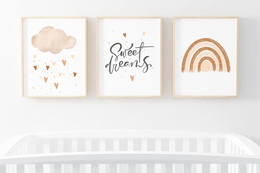 Set of 3 PRINTABLE Sweet Dreams Rainbow Wall Art, Rainbow Nursery Prints - Earthy Rainbow