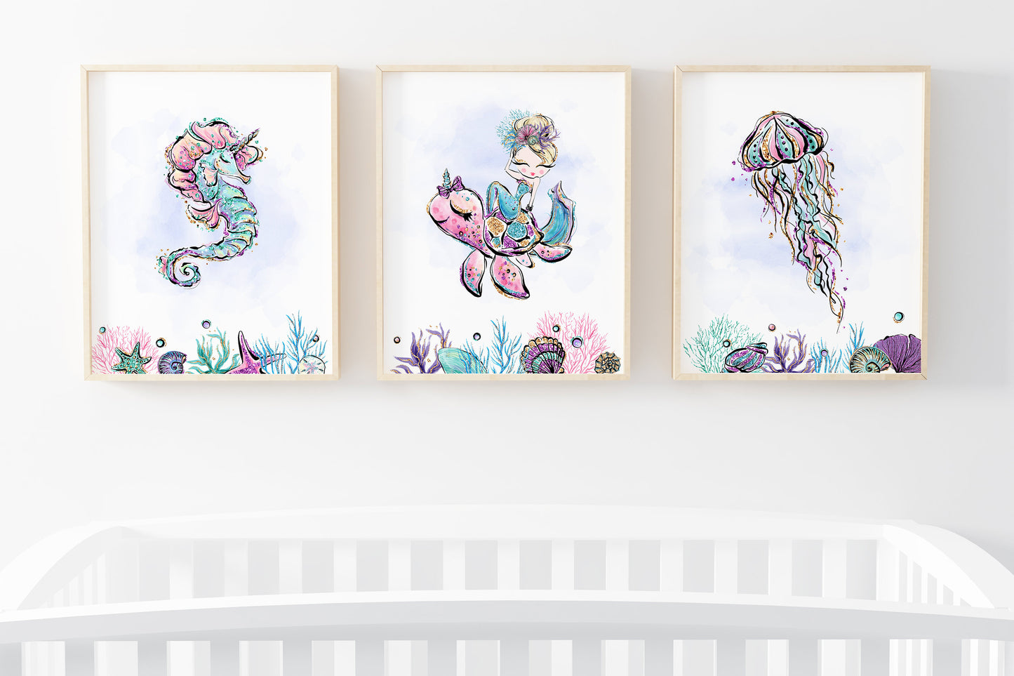 Mermaid Nursery Prints, Under The Sea Wall Art Set of 3 - Mermaid World