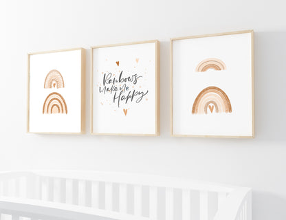 Set of 3 PRINTABLE Rainbow Wall Art, Rainbows make me happy Nursery Prints - Earthy Rainbow