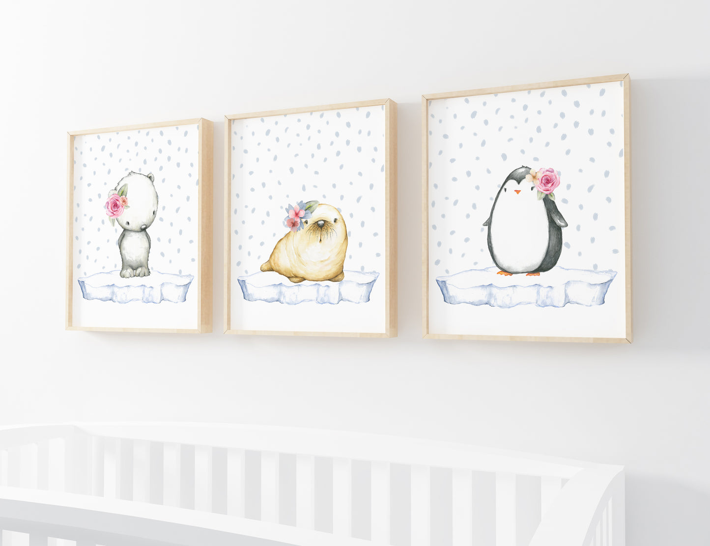 Girl Arctic Wall Art, Floral Arctic Animals Nursery Prints - Set of 3 DIGITAL DOWNLOAD