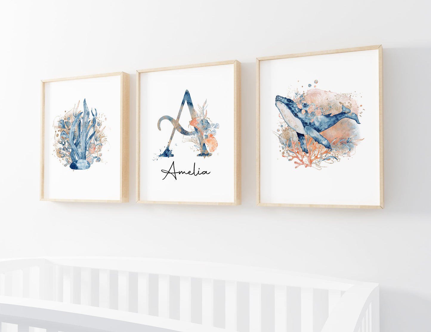 Personalized Whale Wall Art, Under the sea Nursery Decor Set of 3 Unframed Prints