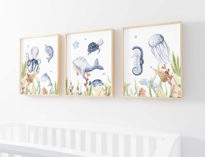 Under the sea Wall Art, Ocean animals Nursery Prints set of 3 - Little Ocean