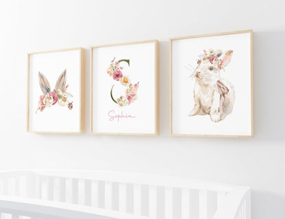 Rabbit Wall Art,  Rabbit Nursery Decor Set of 3 Unframed Prints