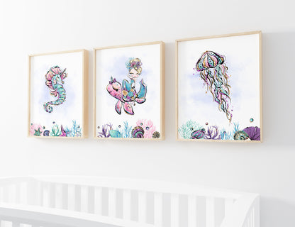 Mermaid Nursery Prints, Under The Sea Wall Art Set of 3 - Mermaid World