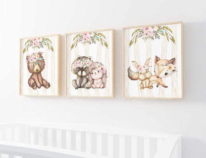 Girl Woodland Animals Wall Art, Forest Nursery Prints set - Forest Friends