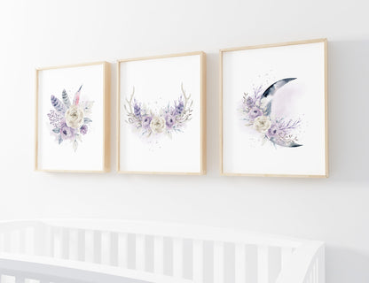 Floral Boho Wall Art, Bohemian Nursery Prints set of 3