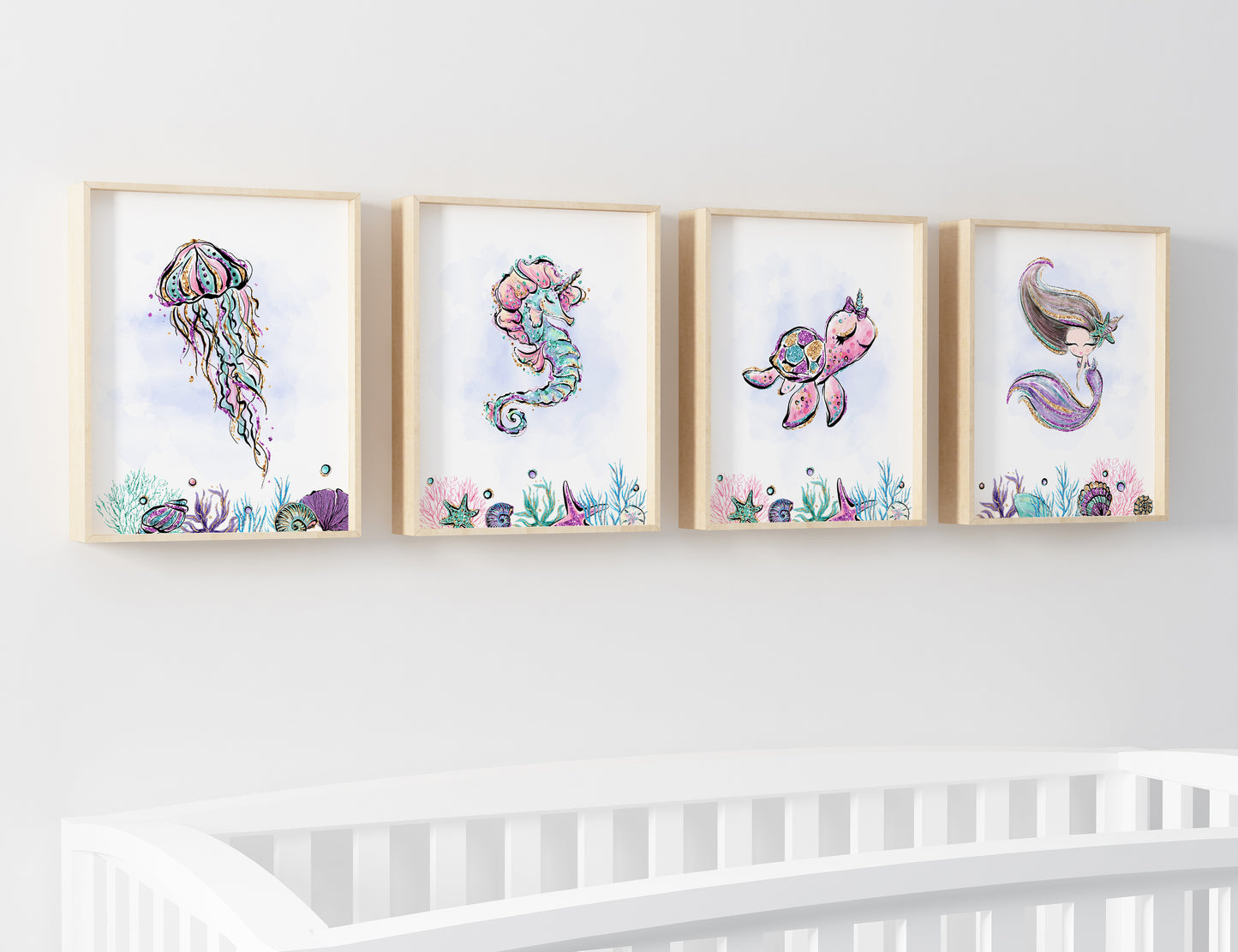 Mermaid Nursery Prints, Under The Sea Wall Art Set of 4 - Mermaid World