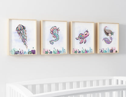 Mermaid Nursery Prints, Under The Sea Wall Art Set of 4 - Mermaid World