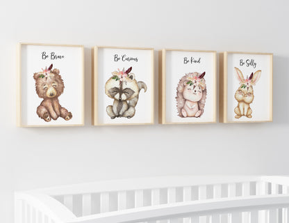 Boho Woodland Animals Wall Art, Girl Forest Nursery Prints - Set of 4 - Forest Friends