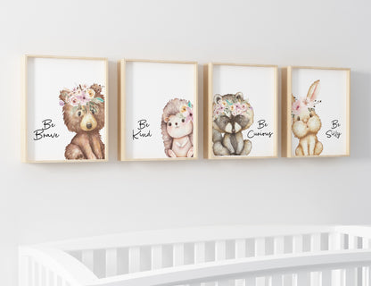 Floral Woodland Animals Wall Art, Girl Forest Nursery Prints - Set of 4 - Forest Friends