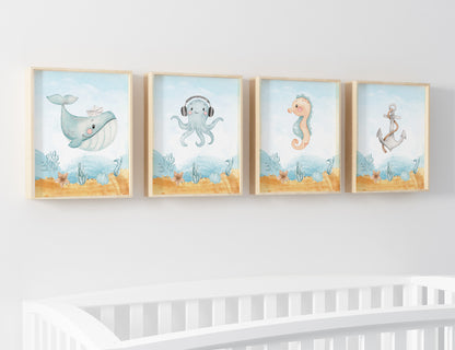 Under the Sea Wall Art, Ocean Nursery Prints - Set of 4