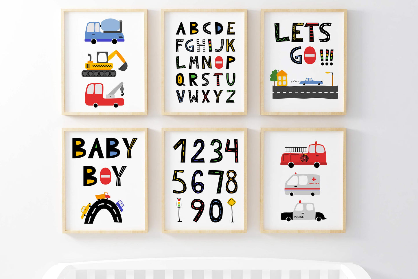 Transportation ABC and Numbers Wall Art, Trucks Nursery Prints - Set of 6