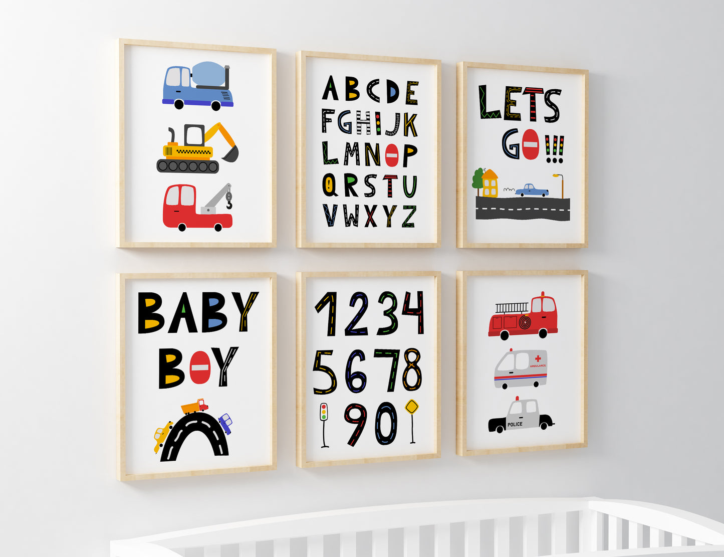 Transportation ABC and Numbers Wall Art, Trucks Nursery Prints - Set of 6