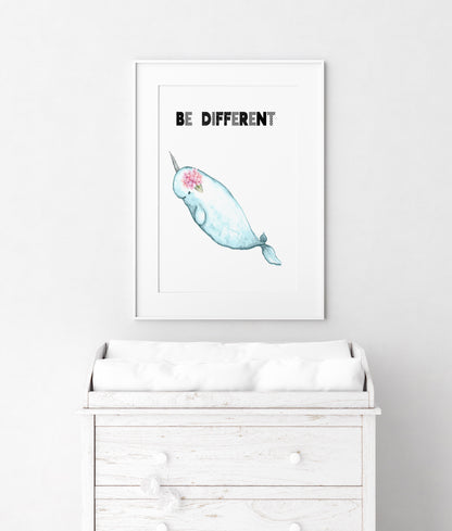 Floral Narwhal Nursery Print, Be Different - DIGITAL DOWNLOAD