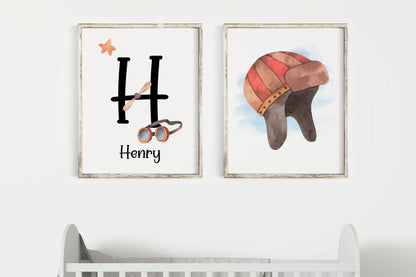 Personalized name Wall Art, Airplane Nursery Decor Set of 2 Unframed Prints