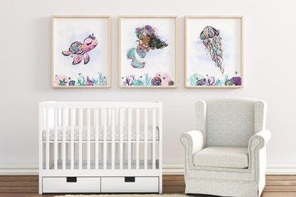 Mermaid Wall Art, Under The Sea Nursery Prints Set of 3 - Mermaid World