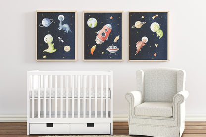 Space Wall Art, Dinosaur Nursery Prints set of 3