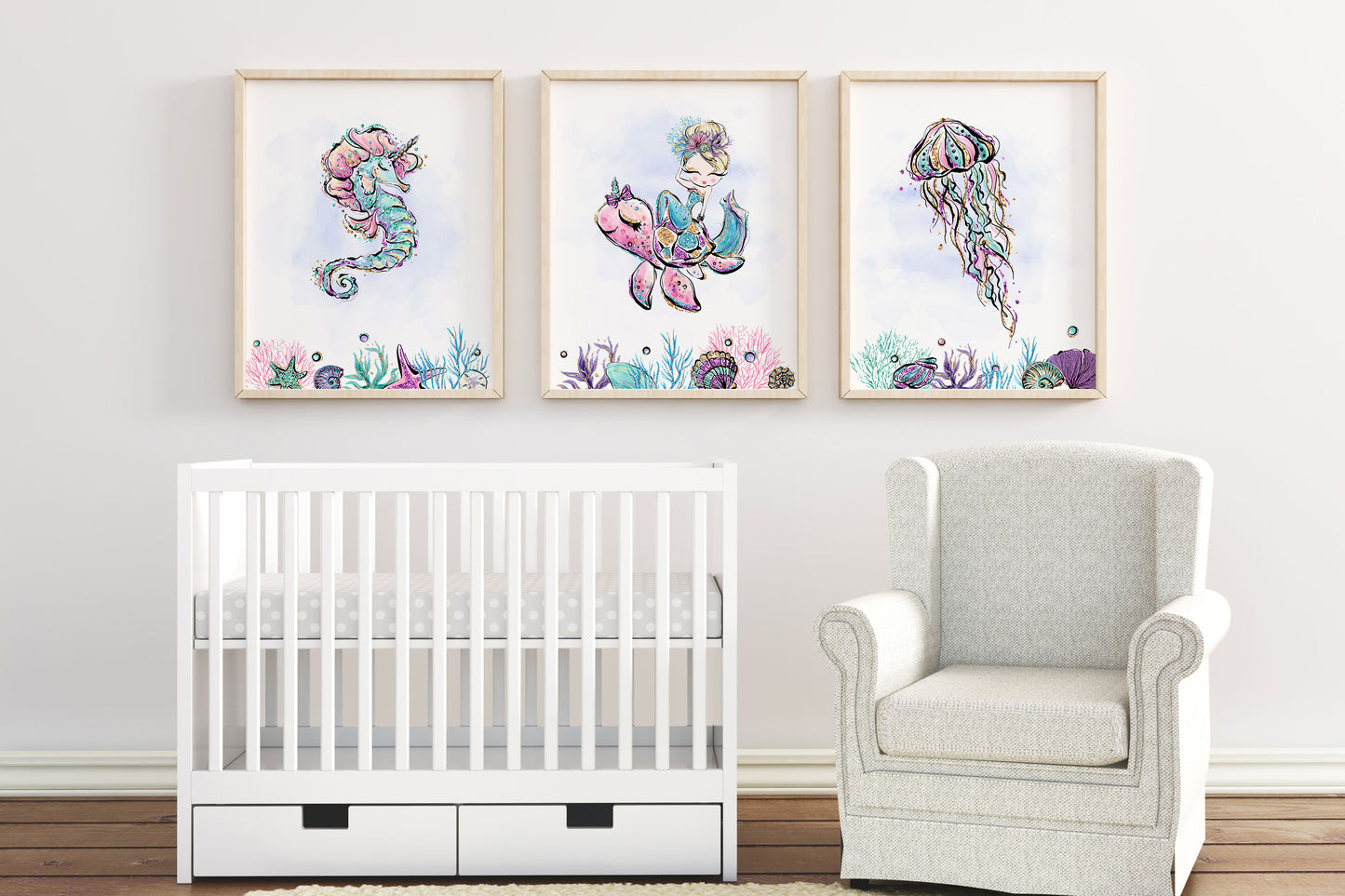 Mermaid Nursery Prints, Under The Sea Wall Art Set of 3 - Mermaid World