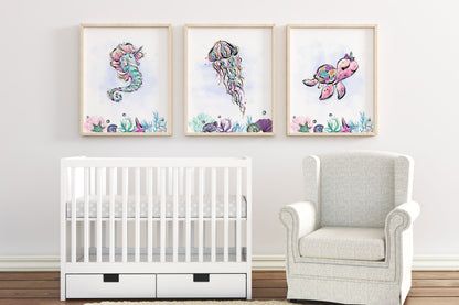 Girl Under The Sea Nursery Prints | Girl Ocean Wall Art Set of 3 - Mermaid World