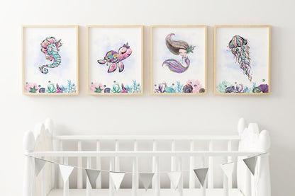 Mermaid Nursery Prints, Under The Sea Wall Art Set of 4 - Mermaid World