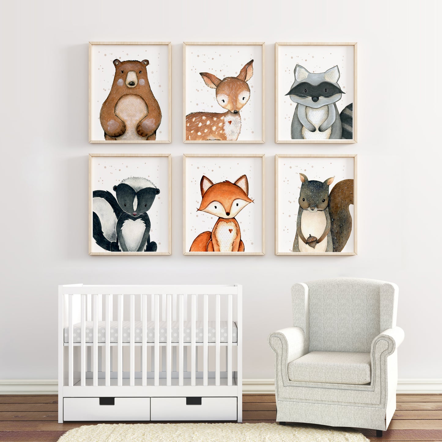 Woodland Wall Art, Forest Animals Nursery Prints - Set of 6 - Greenery Woodland