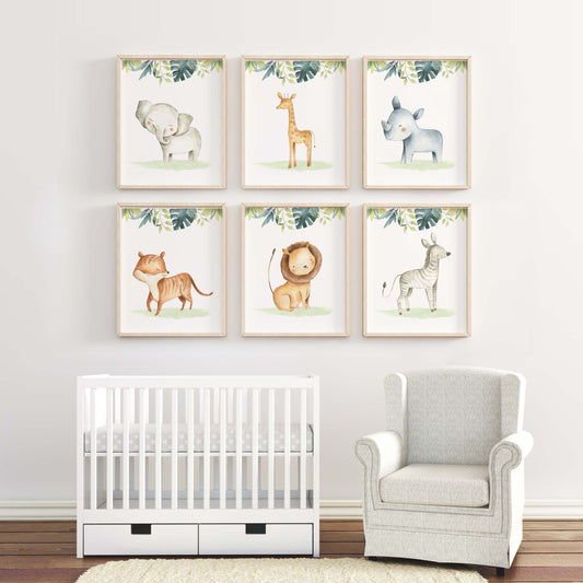 Safari Wall Art, Jungle Nursery Prints Set of 6 - Baby Africa