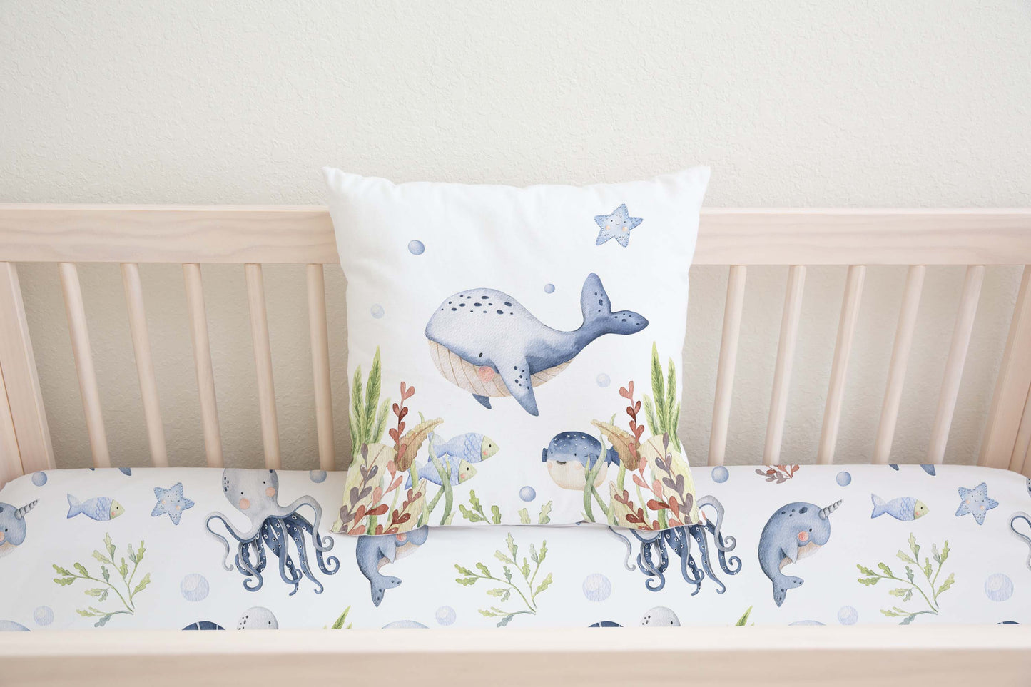 Whale Pillow COVER, Under the sea nursery bedding - Little Ocean