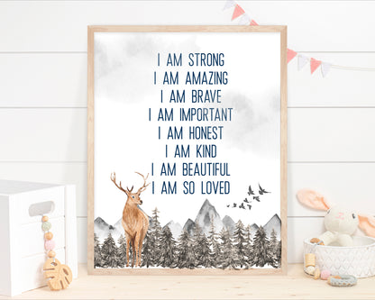 Positive Affirmations PRINTABLE Deer Wall Art, Woodland Nursery Print