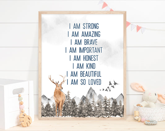 Positive Affirmations PRINTABLE Deer Wall Art, Woodland Nursery Print