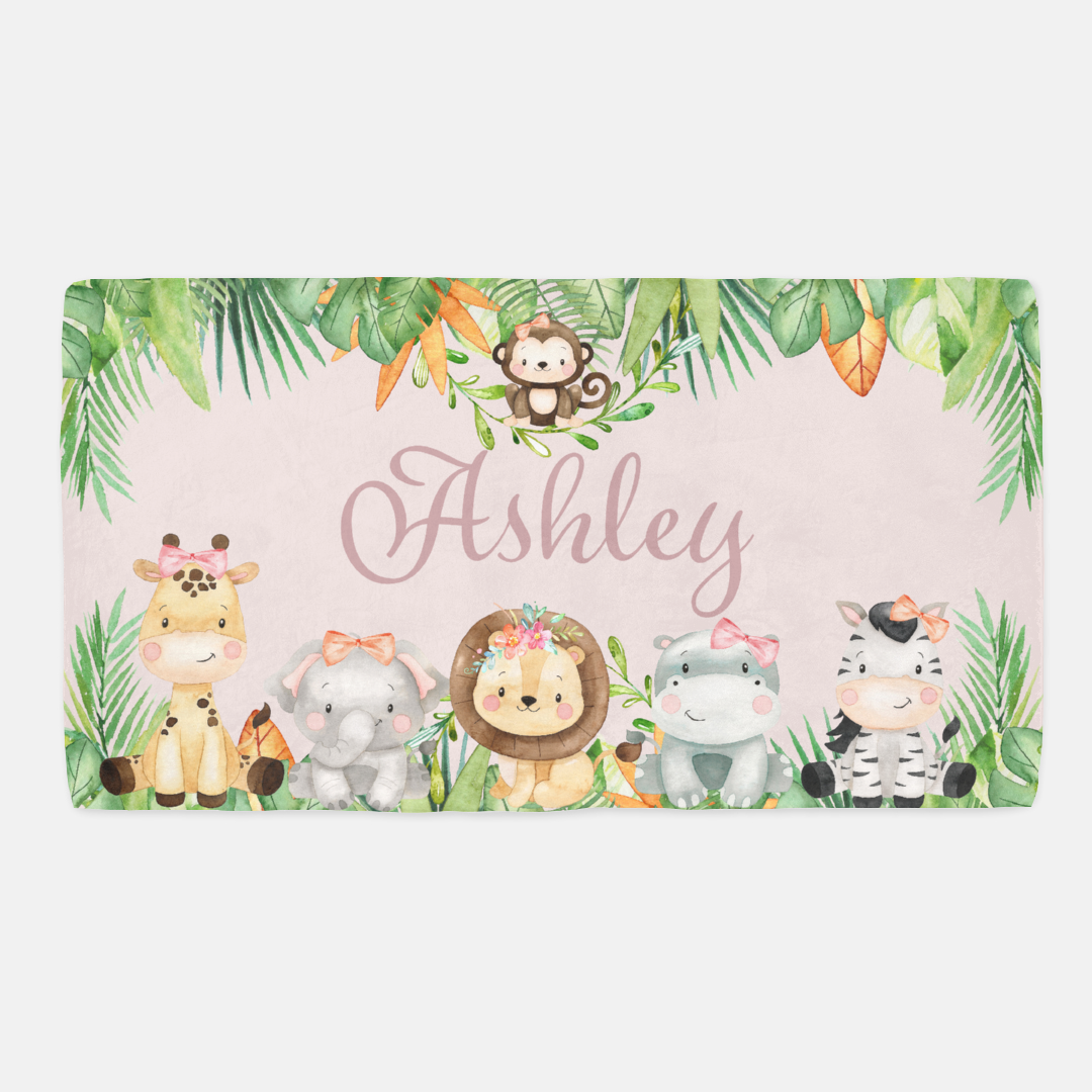 Safari Animals Pink Personalized Minky Crib Sheet, Jungle Girl Nursery Bedding - Girl Safari Explorer