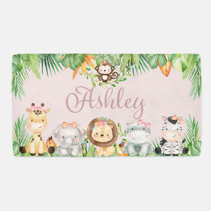 Safari Animals Pink Personalized Minky Crib Sheet, Jungle Girl Nursery Bedding - Girl Safari Explorer