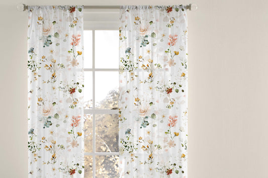 Wild Flower Sheer Curtain, Boho Floral Nursery Decor - Vintage Garden