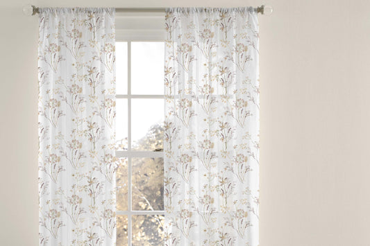 Cream Wild Flower Sheer Curtain, Boho Floral Nursery Decor - Mustard Wildflowers