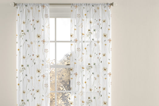 Wild Flower Sheer Curtain, Boho Floral Nursery Decor -  Mustard Wildflowers