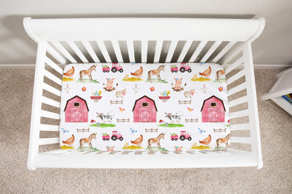 Girl Farm Minky Crib Sheet, Barnyard Nursery Bedding - Farm Sweet Farm