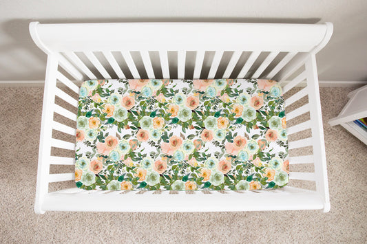 Floral Minky Crib Sheet, Baby Girl Nursery Bedding - Peach Mint Garden