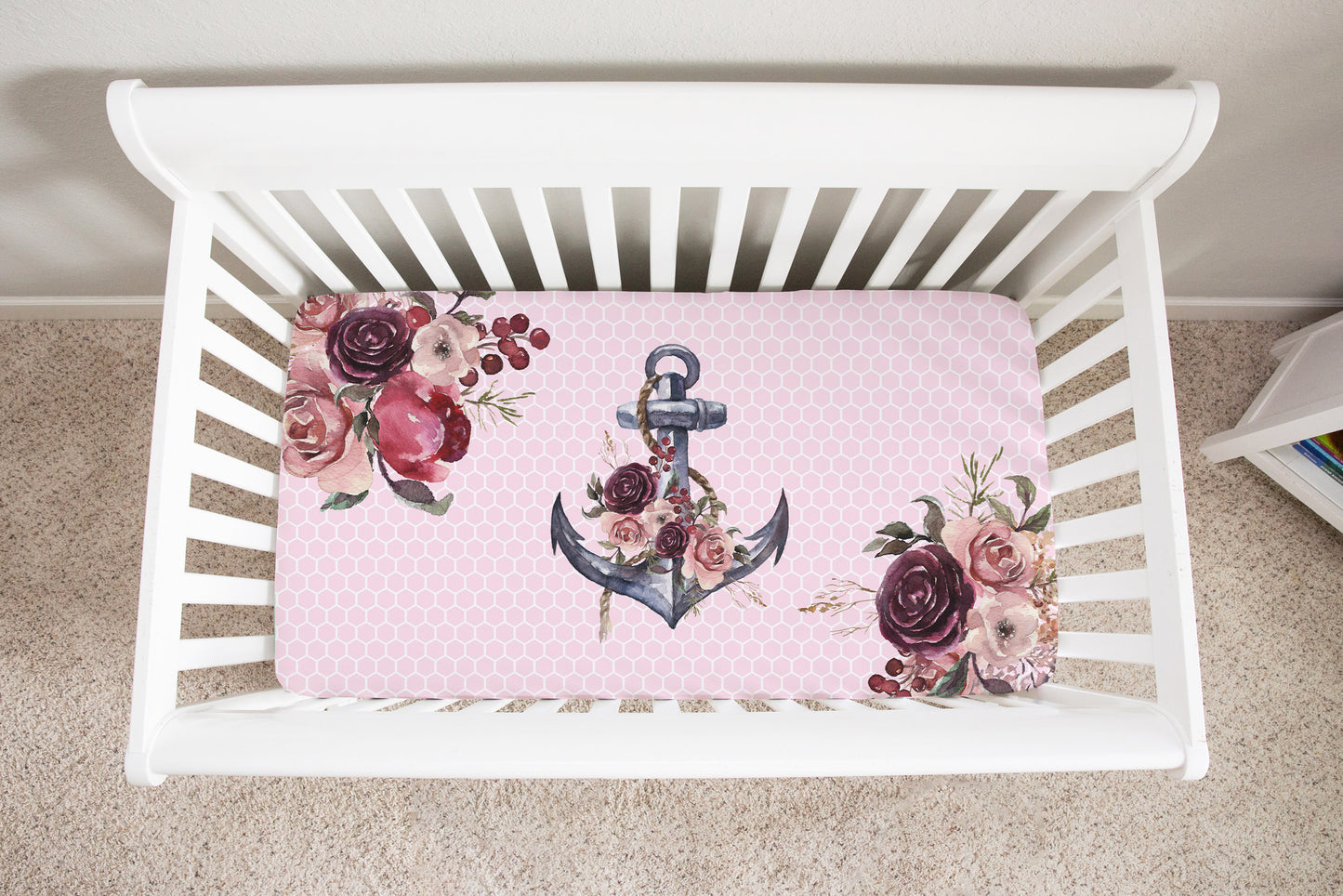 Nautical Bloom Floral Anchor Minky Crib Sheet, Girl Nautical Nursery Bedding