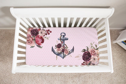 Nautical Bloom Floral Anchor Minky Crib Sheet, Girl Nautical Nursery Bedding