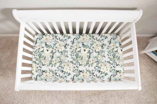 White Floral Minky Crib Sheet, Baby Girl Nursery Bedding - Ivory Florals