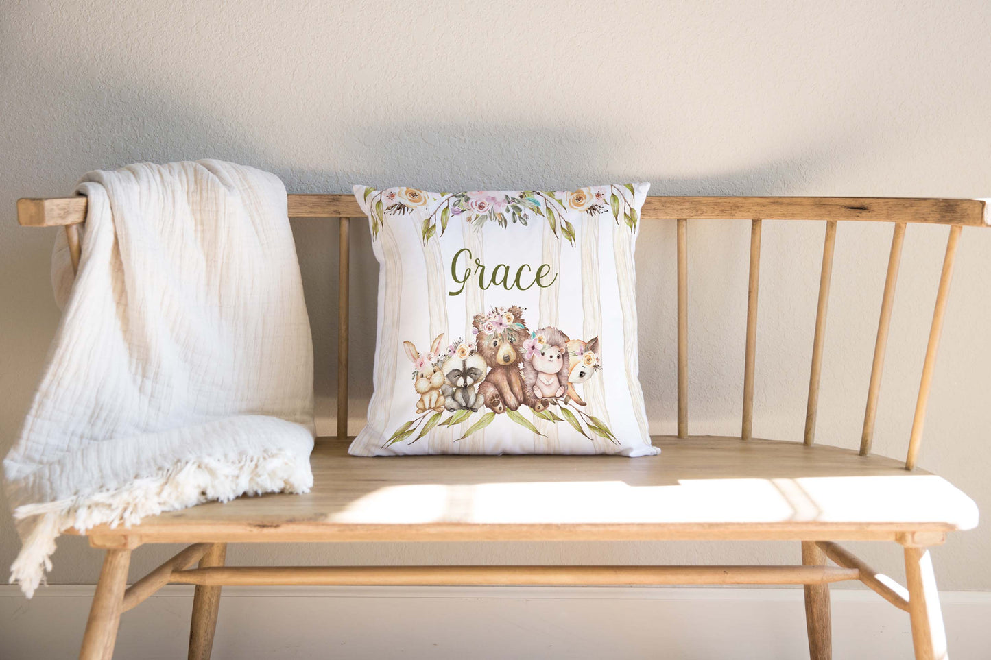 Floral Woodland Personalized Pillow, Woodland Nursery Decor - Forest Friends