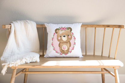 Floral Bear Pillow Cover, Woodland Nursery decor - Beary Pink