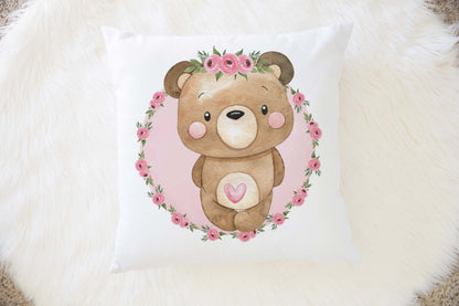 Floral Bear Pillow Cover, Woodland Nursery decor - Beary Pink