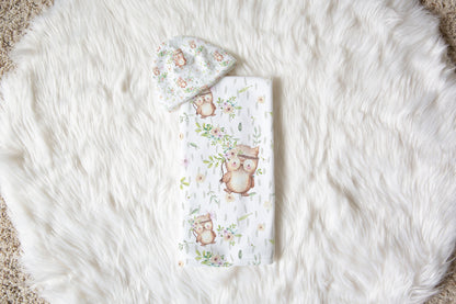 Boho Owl Swaddle Set, Owl Hospital Baby Girl Blanket