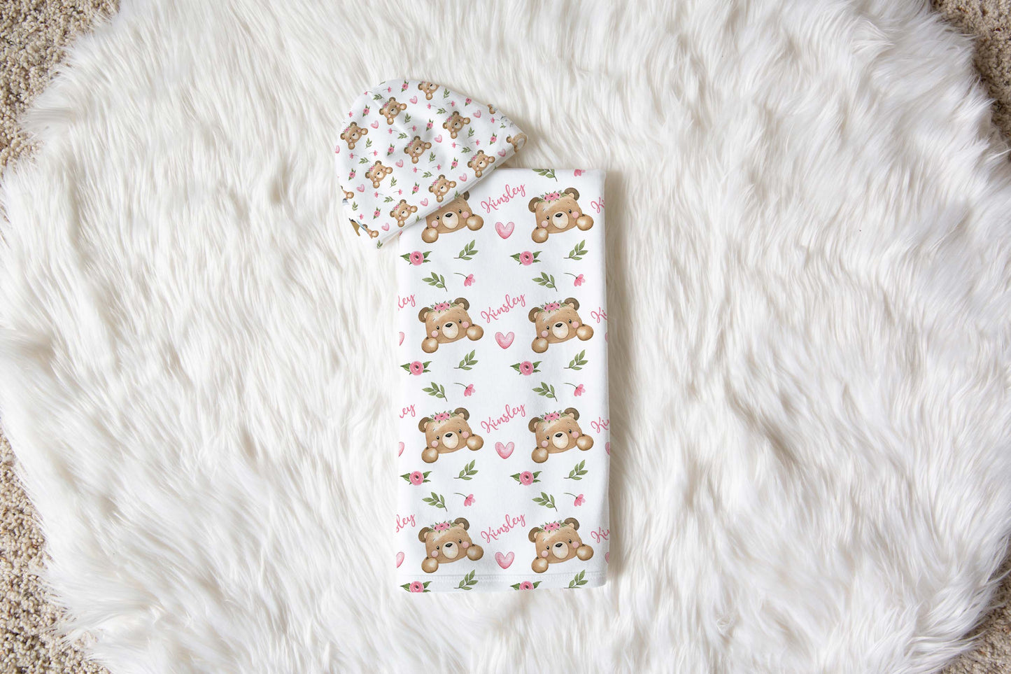 Pink Floral Personalized Baby Swaddle Set, Floral Bear Hospital Baby Girl Blanket - Beary Pink