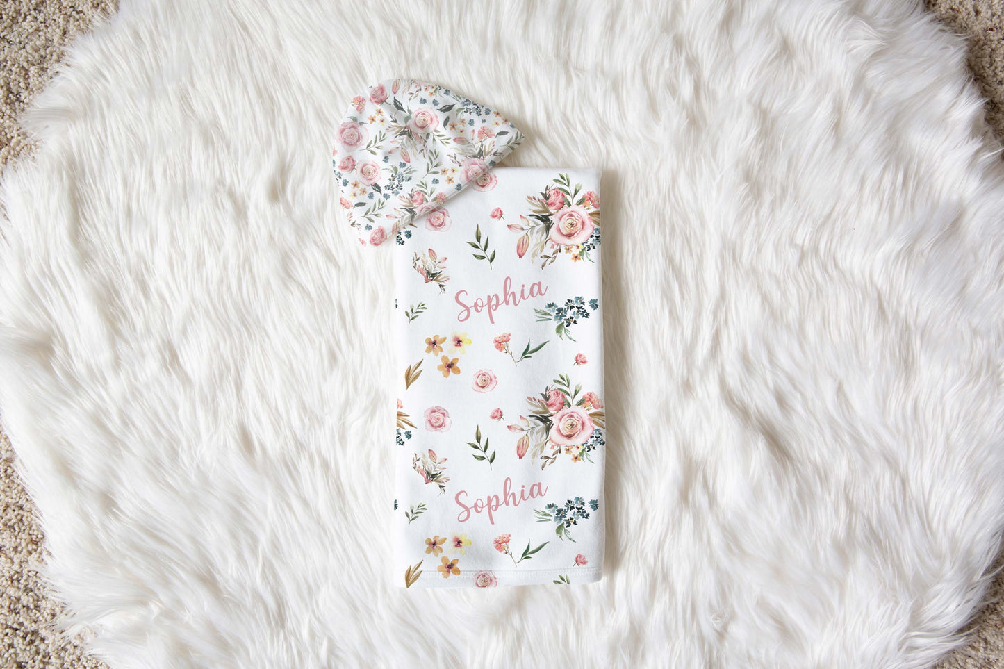 Pink Floral Personalized Baby Swaddle Set, Roses Hospital Baby Girl Blanket - Candy Rose